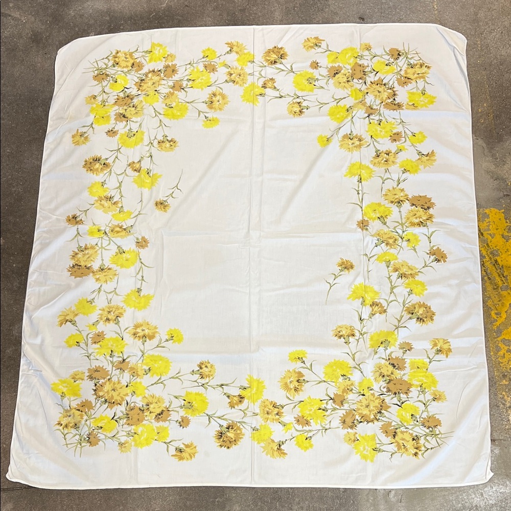 Vintage Floral Yellow & tan almost sq tablecloth 
very soft & well loved, cotton